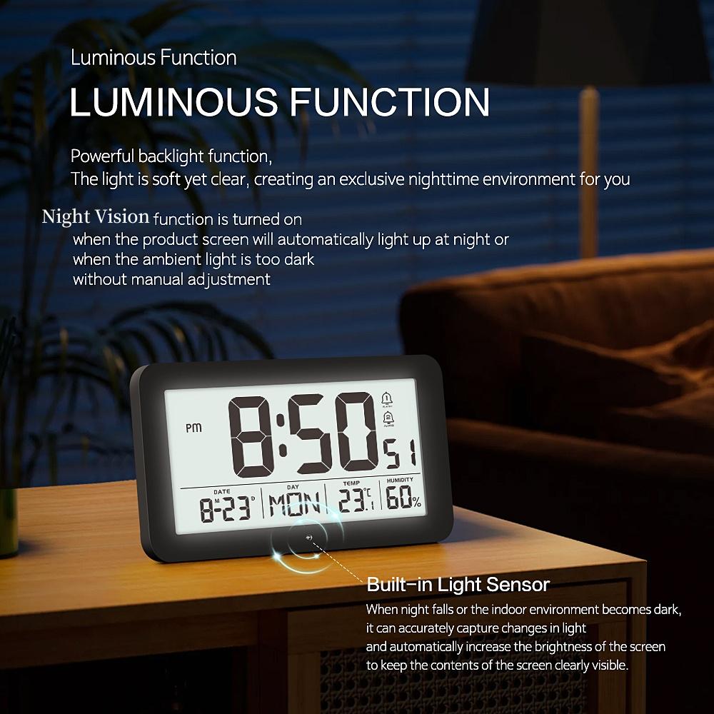 Battery Powered Digital Wall Clock TEMP Humidity Date Week 2 Alarm Night Vision 12/24H Auto Dimmable DST Snooze LCD Table Clock