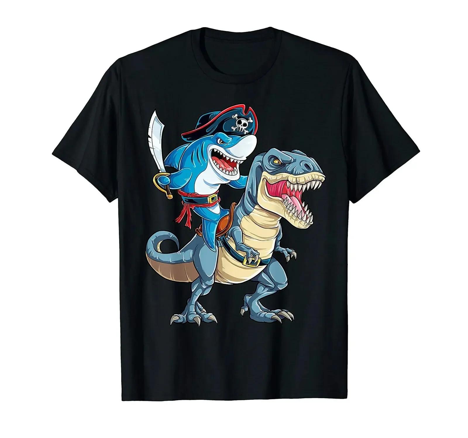 Interesting Shark Pirate Riding Dinosaur T Rex TShirt 100 Cotton ONeck Summer Short Sleeve Casual Mens Tshirt Size S3XL S