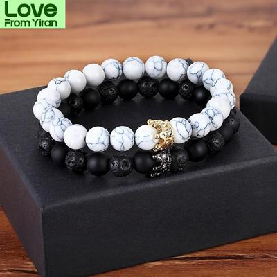 New Classic Interlocking Stitching Lava &Matte Onyx Stone With Crown Accessories Beads Bracelet Hand Jewelry For Women Men
