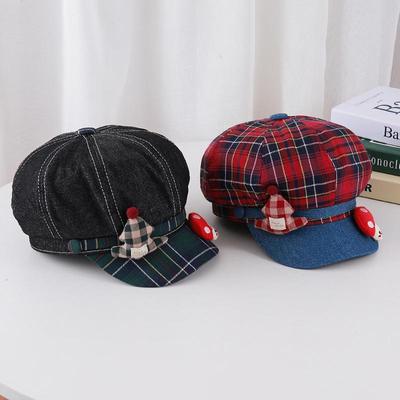 Cartoon Christmas Tree Mushroom Plaid Octagonal Beret Hat - Women's Casual Stylish Face-Slimming Newsboy Painter Cap