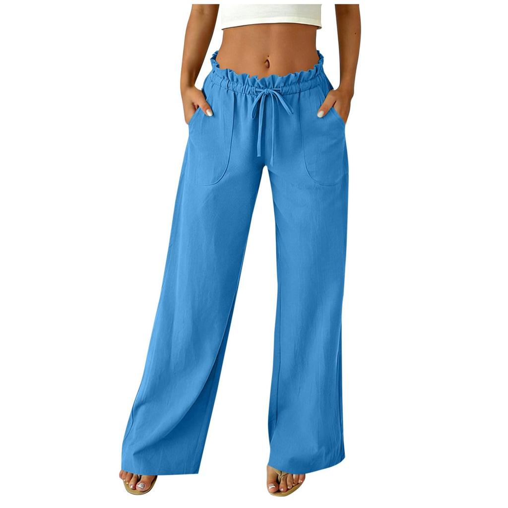 Women's Casual Relaxed Fit High-Waisted Belted Pocket Cotton-Linen Blend Trousers