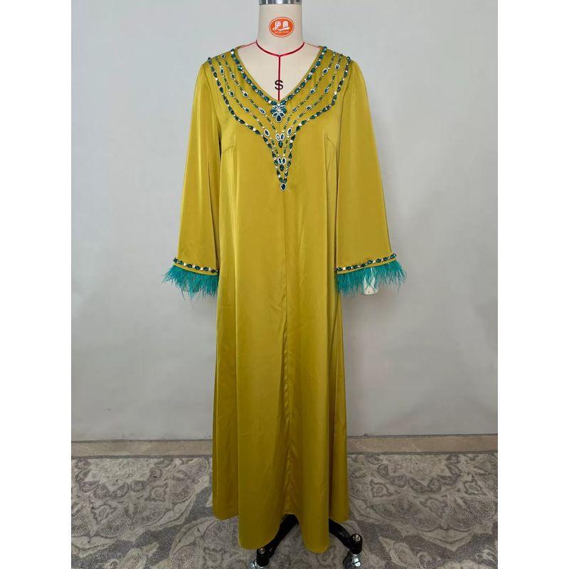 New Middle East Patchwork Feather Sleeve Diamond Robe Dress V-Neck Diamond Studded Dress