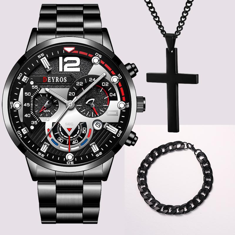 3 stk/sett, 1 stk Herre Quartz Armbåndsur & 1 stk Armbånd & 1 stk Halskjede Sett, Ideelt Valg for Gaver Til Menn