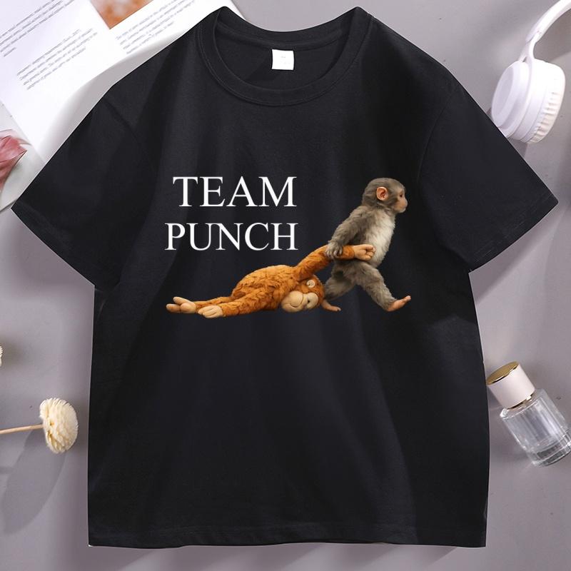 Team Punch Graphic T Shirts Punch The Monkey Holding Plush Toy TShirt Funny Short Sleeve Oneck Tshirt Cotton Male Tees