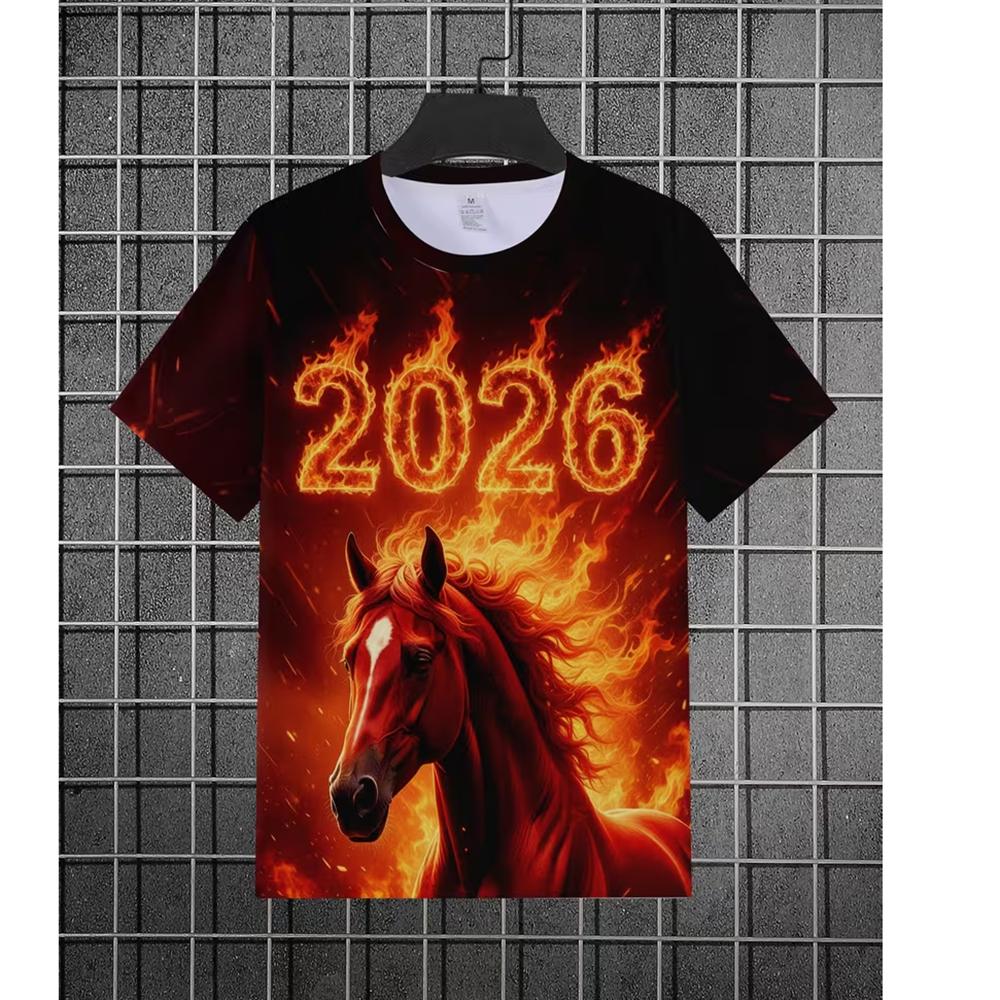 

2026 Horse Year Tshirt For Unisex Clothes 3D Print Cool Fire Design Horse Year Gift T Shirts Short Sleeve Personality Novel Tee S