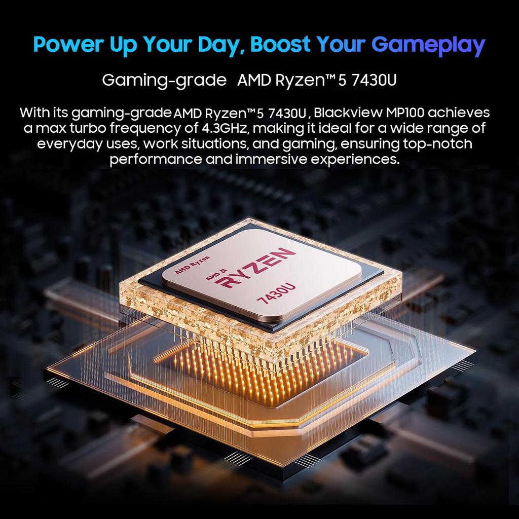 Blackview MP100 Mini PC AMD Radeon™ Graphics 7430U 6-kjerne 12-tråds Mini PC 16GB /32GB DDR4 512GB/1TB SSD Mini Datamaskin PC