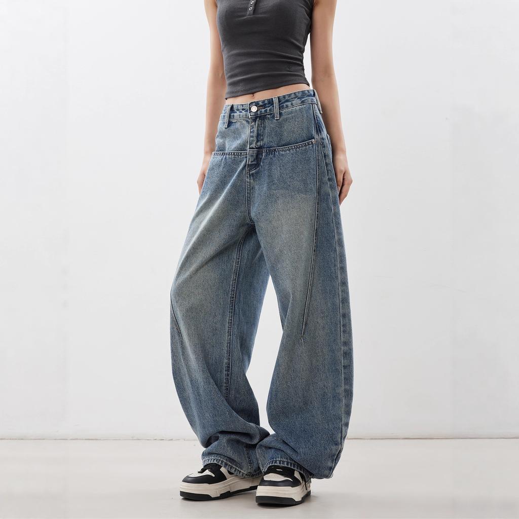 Damen High Rise Barrel Jeans Lockerer Sitz Twill Gewaschen Blau Weiter Bein Lange Hose Mit Großen Taschen Amerikanischer Street Style