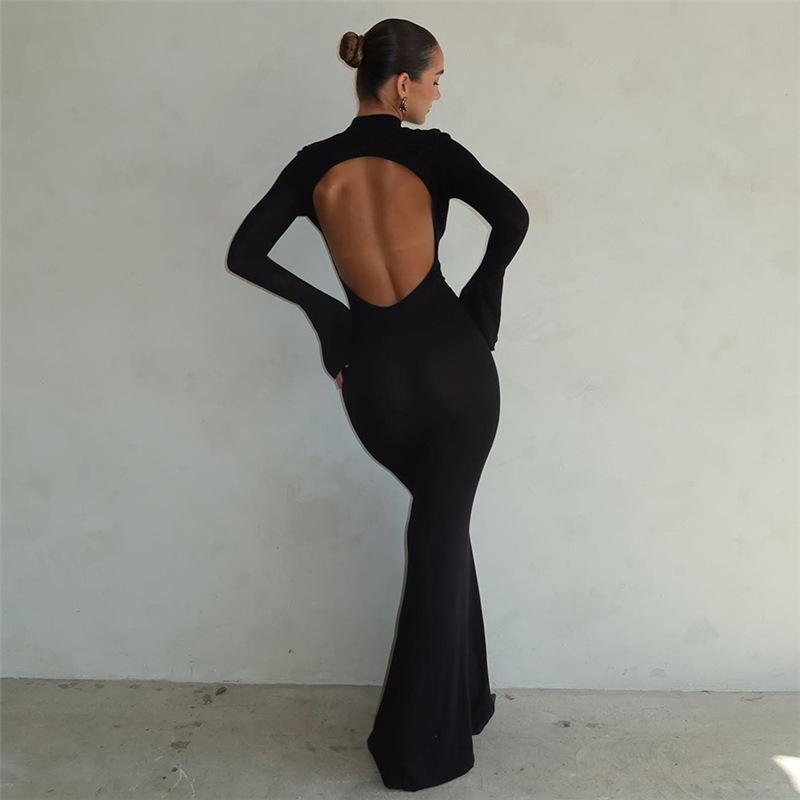 2023 Autumn/Winter Women's Fashion: Sexy Backless Slim-Fit Round Neck Long Sleeve Dress