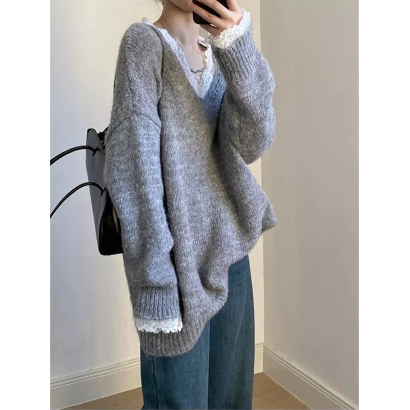 New Korean Fashion Lace Patchwork Pullover Loose Sweater Women Knitted Casual Versatile Tops Autumn and Winter V Neck Long Sleeve Solid Color Clothes