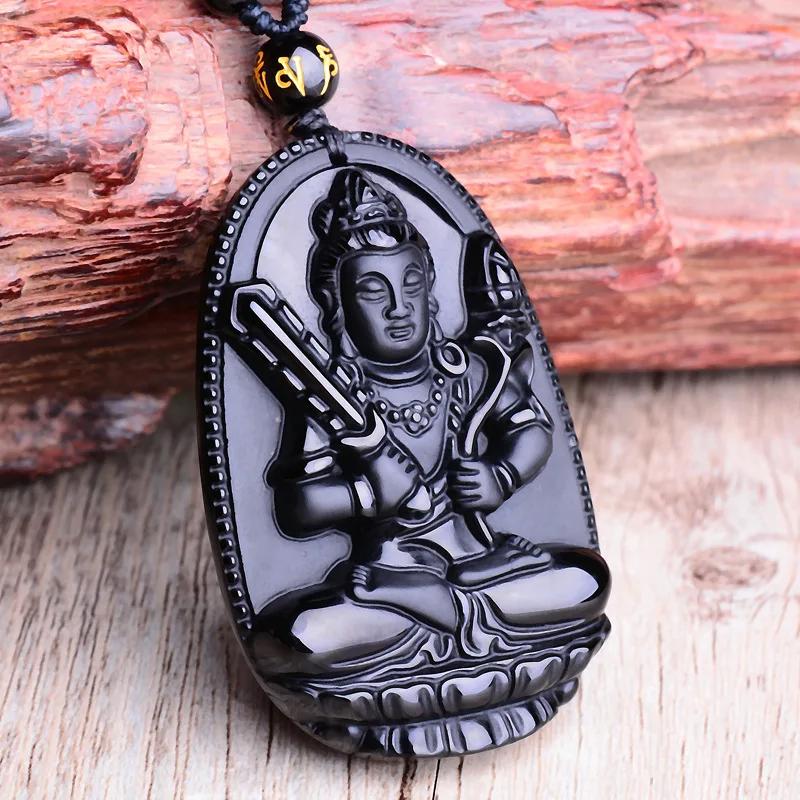 Vintage Retro Buddha Black God Rhinestone Obsidian Pendant Necklace Chain Unisex Men Women Fashion Gothic Amulet Talisman Jewelry Party Gift
