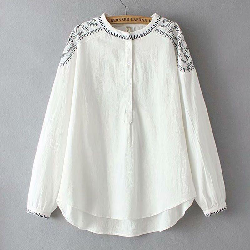 Autumn Tops, Western Style Fashion, Cotton and Linen Embroidered Small Shirts, Plus Fat Plus Size Pullover Shirts
