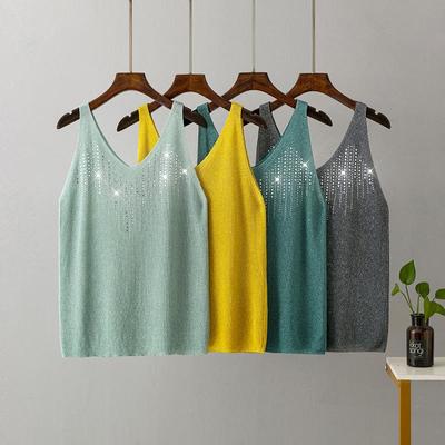 Damen Sommer-Tanktop mit Kristalleinbettung, lockerer Träger, V-Ausschnitt, vielseitige Oberbekleidung mit dünner Unterlage aus Eisseide