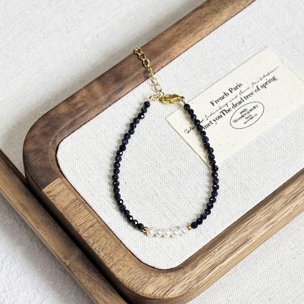 Elegant 3mm Faceted Blue Sandstone Goldstone Pearl Bracelet - Layered High-End Luxury for Women
