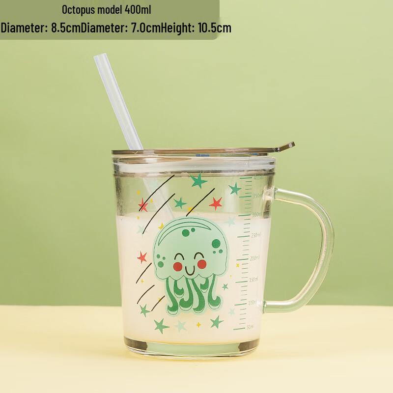 Стеклянный стакан для молока с мультяшным рисунком, крышкой и шкалой