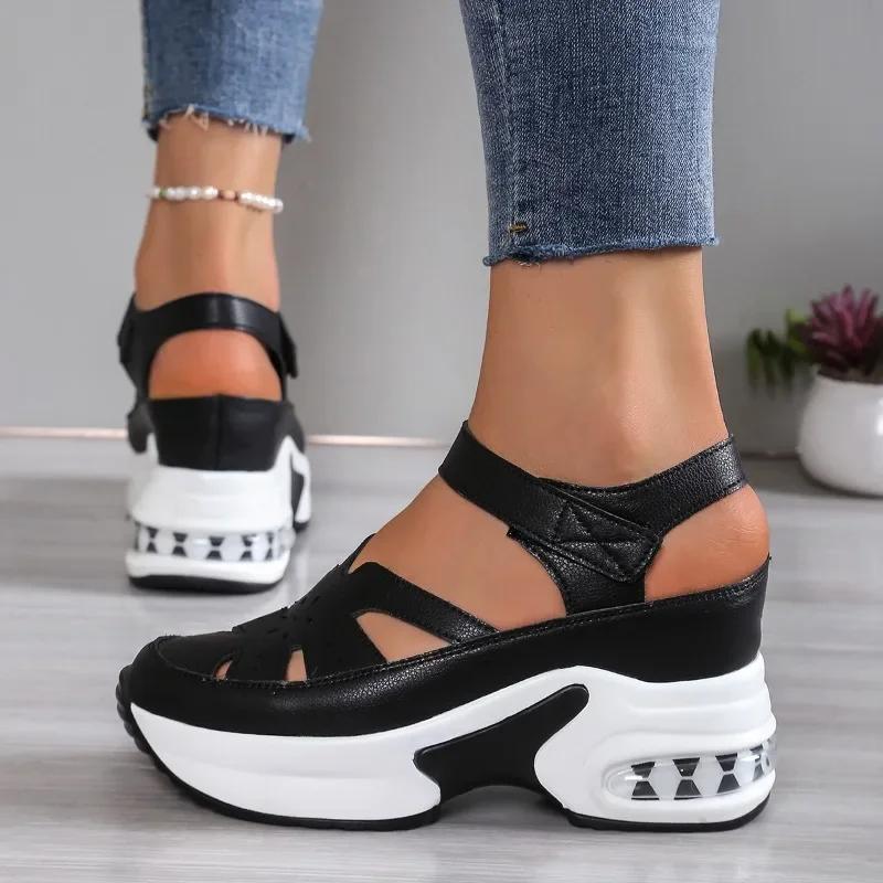 2025 Summer New Closed Toe Women's Sandals Platform Outdoor Hollow Wedges Round Toe Sandal Plus Size Comfortable Casual Sneakers