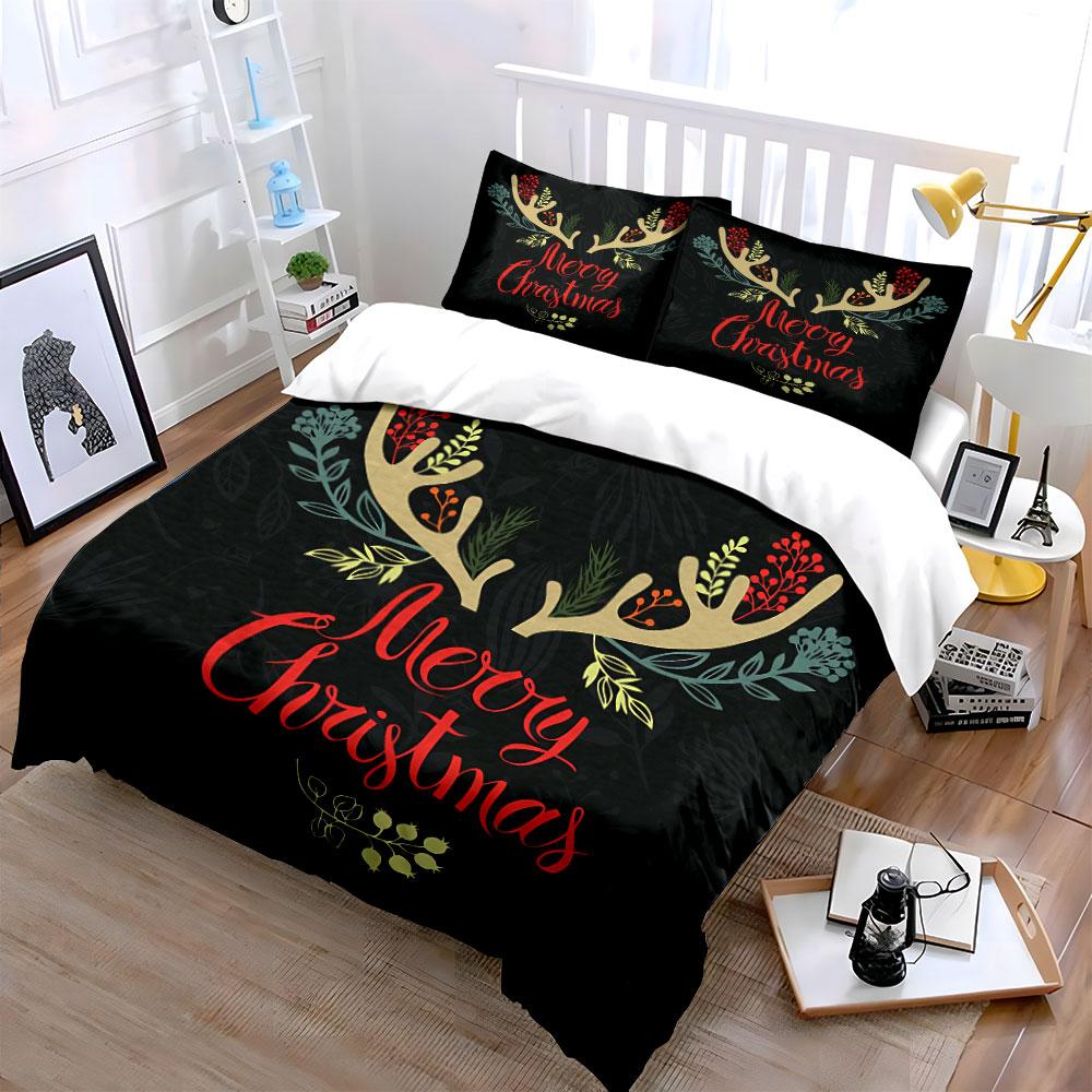 Merry Christmas Antlers Print Bedding Duvet Cover Set Duvet Cover Pillowcases  (1*Duvet Cover 2*Pillowcases, Without Duvet Insert)