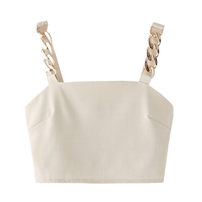 Western Style Women Clothes 2024 Summer New Fashion Trendy Metal Chain Suit Sling Casual Trousers Three-Piece Set