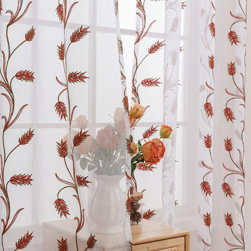 Rod Pocket Design Semi Sheer Curtain Easy Installation Wheat Embroidered Voile Drape Light Filtering for Home Decors