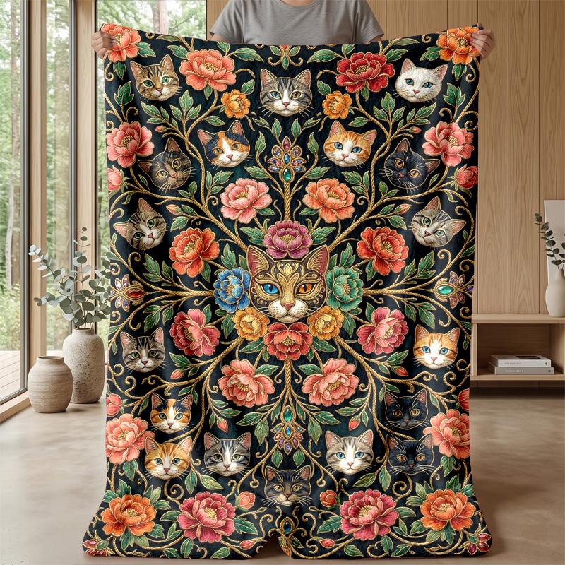Floral Cats Tree Artwork Theme blanket Lightweight Warm Flannel Blanket Decorative Throw Blanket for Home Decoration