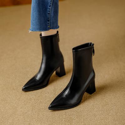 Spitze dicker Absatz kurze Stiefel Damen Herbst und Winter neu Maillard-Stil vielseitig schlicht Reißverschluss hinten mit Rock nackte Stiefel dünne Stiefel