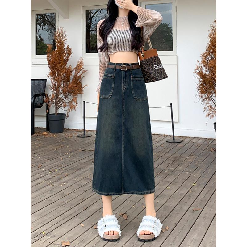 

Women s High Waist Denim Midi Skirt with Summer Slit - 2024 Slim A-Line Bodycon Design M