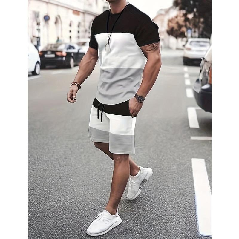 

Men s 3D Color Block Print T shirt Shorts Set Fashion Men Women T-shirts Two-Piece Outdoor Street Casual Sport Tracksuit Outfits S