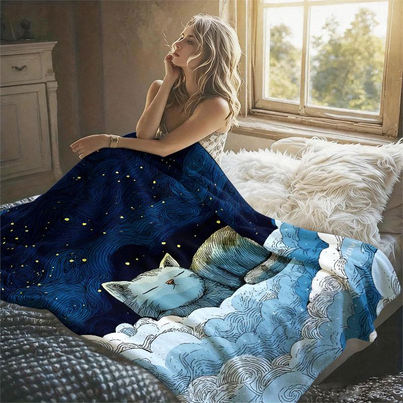 Starry Sky Cat Flannel Blanket Warm Soft Halloween Christmas Decorative Couch Warm Cozy All-Season Gift