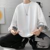 Men T Shirts Summer Men's Women Oversized Korean Style Loose Plaid Casual Seven Sleeves White
