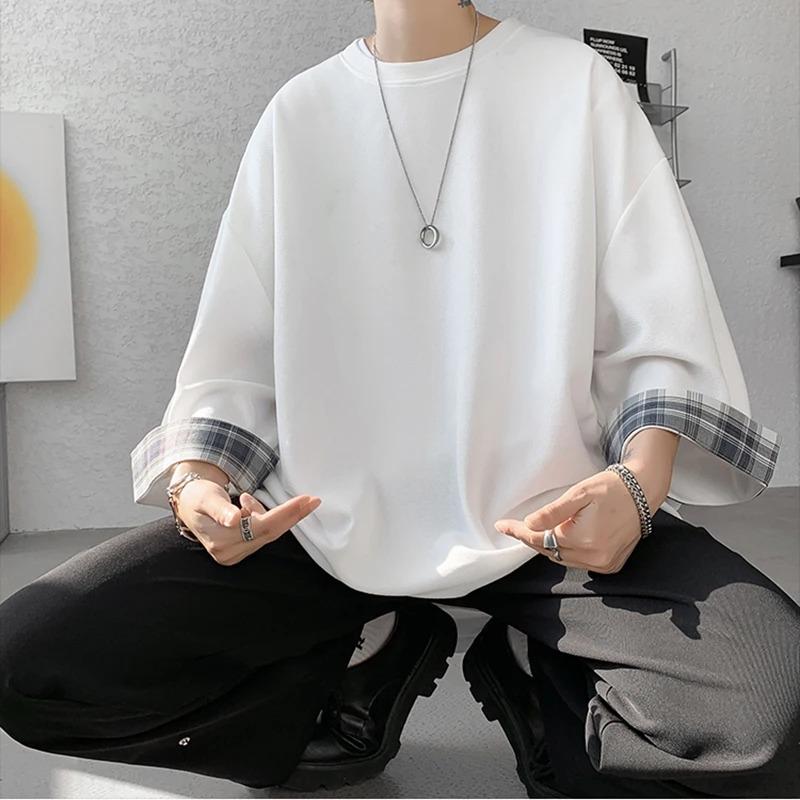 Men T Shirts Summer Men's Women Oversized Korean Style Loose Plaid Casual Seven Sleeves White