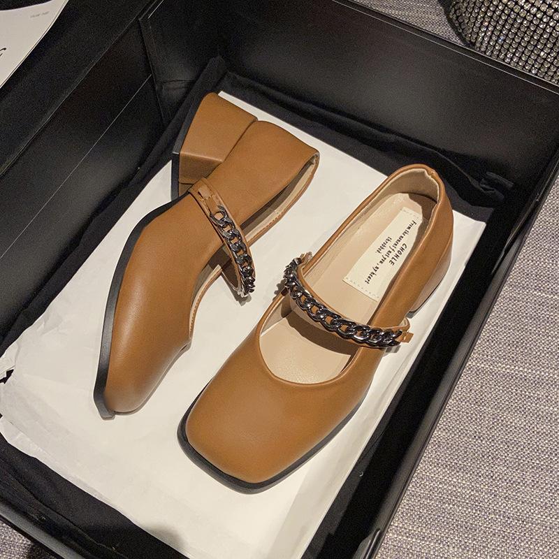 Fashion Brown Mary Jane Shoes with Chain Decor Spring Autumn Square Toe VintagePumps for Women's Elegant Dress Shoes Zapatos De Mujer