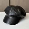 Spring and Autumn New PU Leather Octagonal Hat Children's Fashion Casual Face Small Peaked Hat Retro British Painter Hat Tide