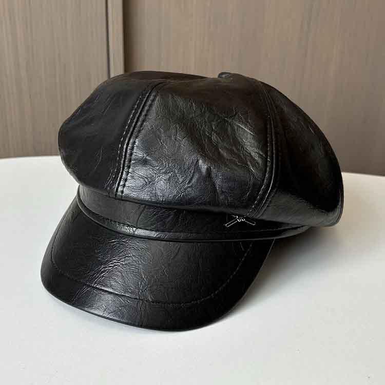 Spring and Autumn New PU Leather Octagonal Hat Children's Fashion Casual Face Small Peaked Hat Retro British Painter Hat Tide