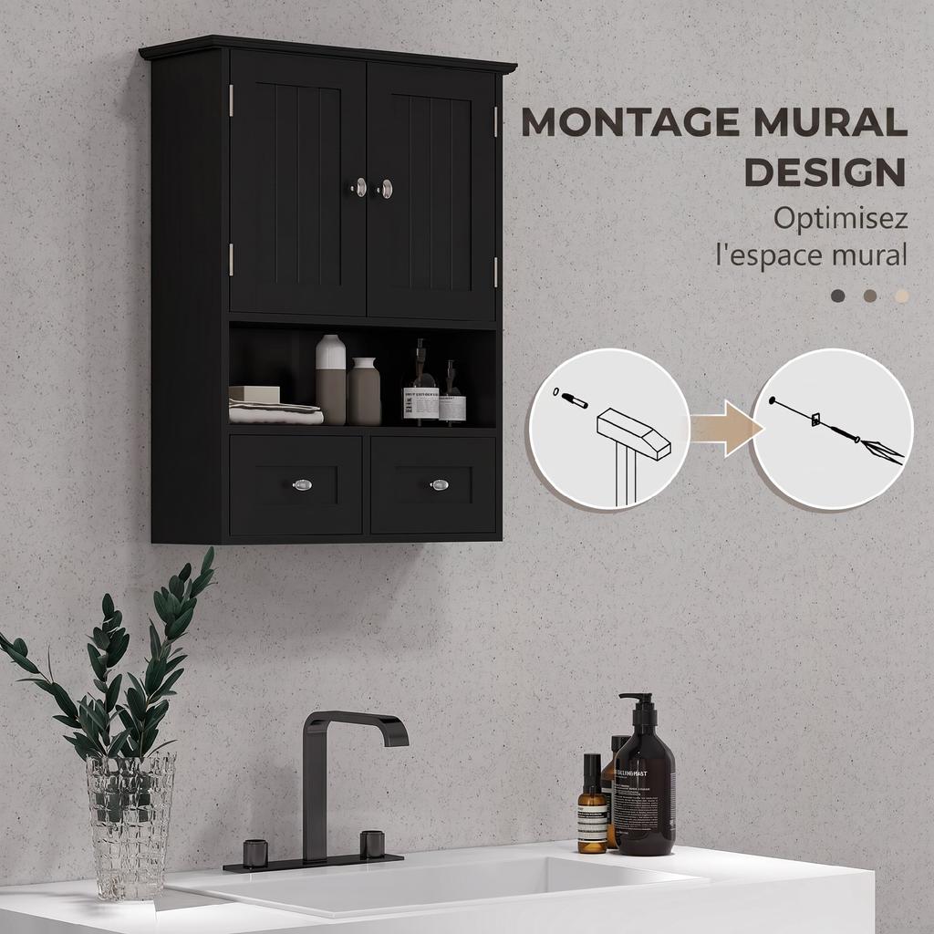 Bathroom Wall Cabinet, Vanity Unit, Doors, Shelf, 2 Drawers, 50.8 x 17.8 x 66 cm, Black