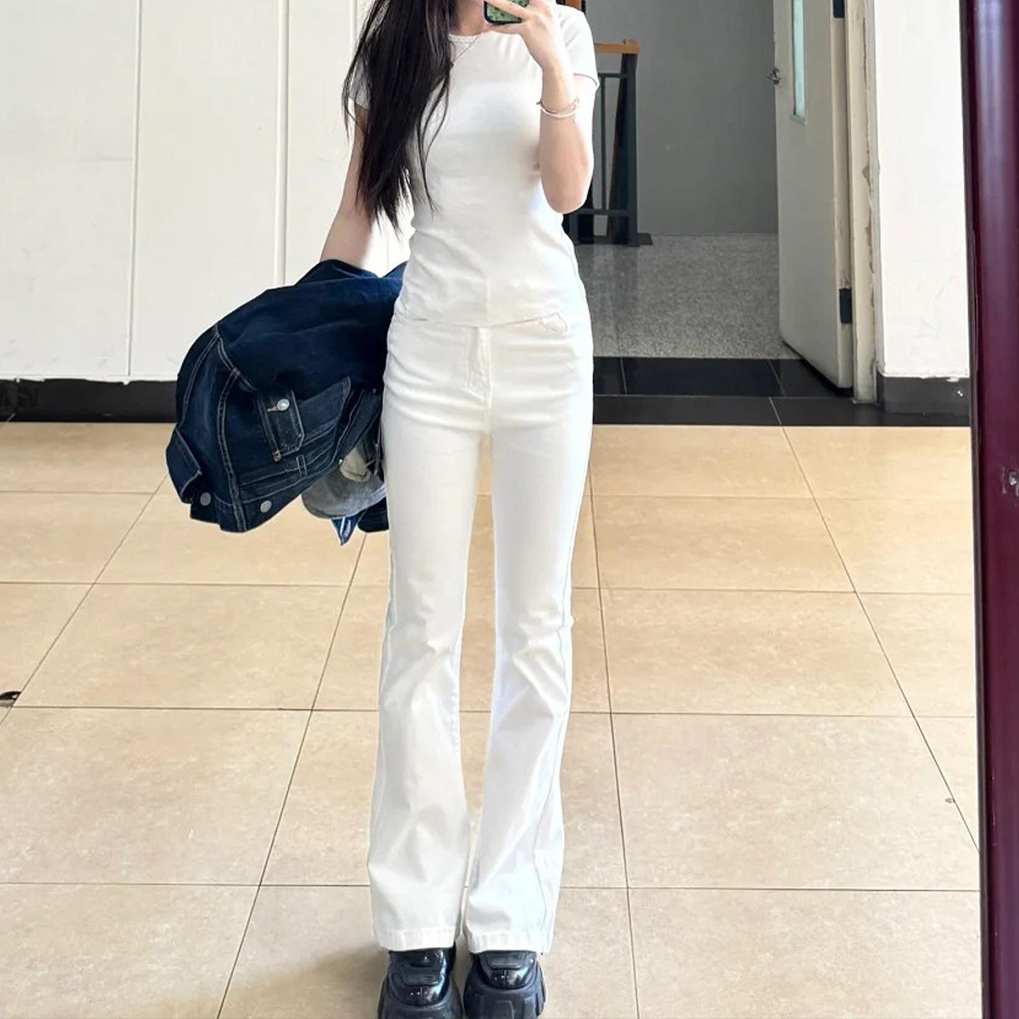 Women s High Waist White Denim Pants Flared Slim Fit Casual Fall Trousers XS белый