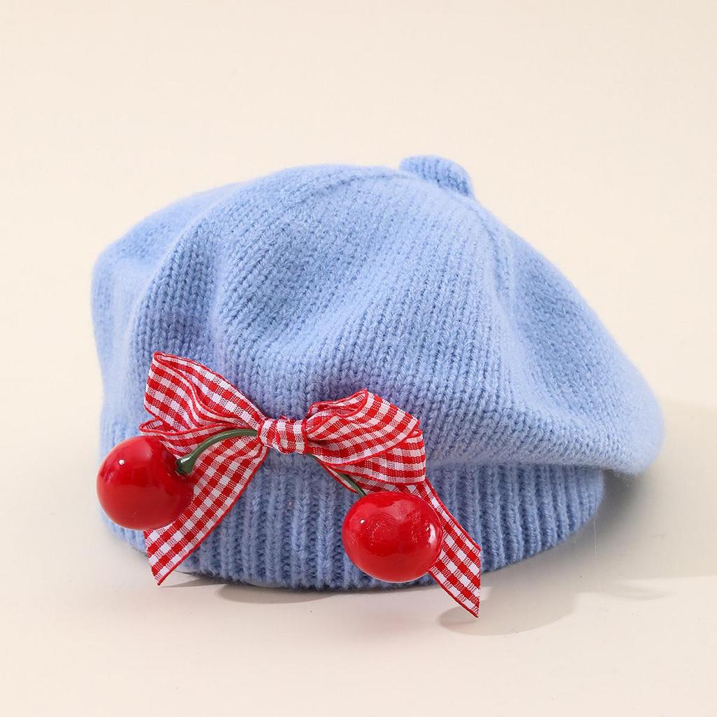 Charming Woolen Beret with Bow & Cherry for Kids - Autumn & Winter Solid Color Hat