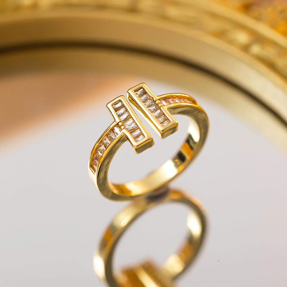 Exquisite super flash zircon ring for girls, light luxury, high-end sense opening adjustable ring, simple real gold electroplating