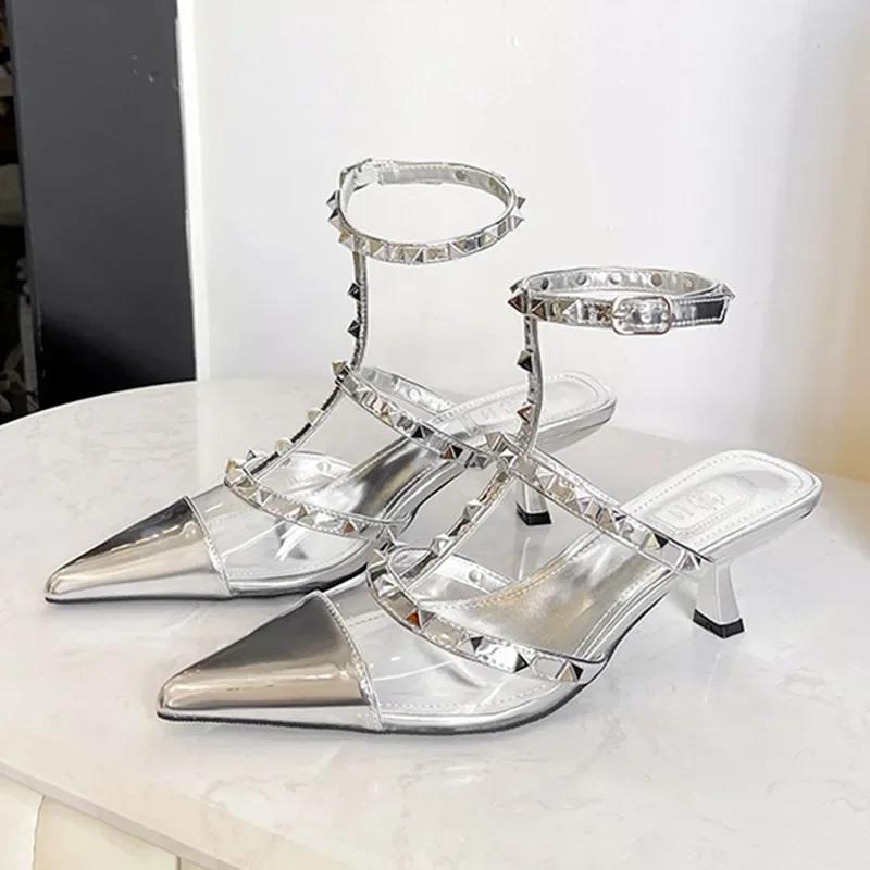 Original Brand Designer Metal Rivet Decoration High Heels Women Sexy Pointed Toe Patent Leather Ankle Strap Thin Heeled Sandals