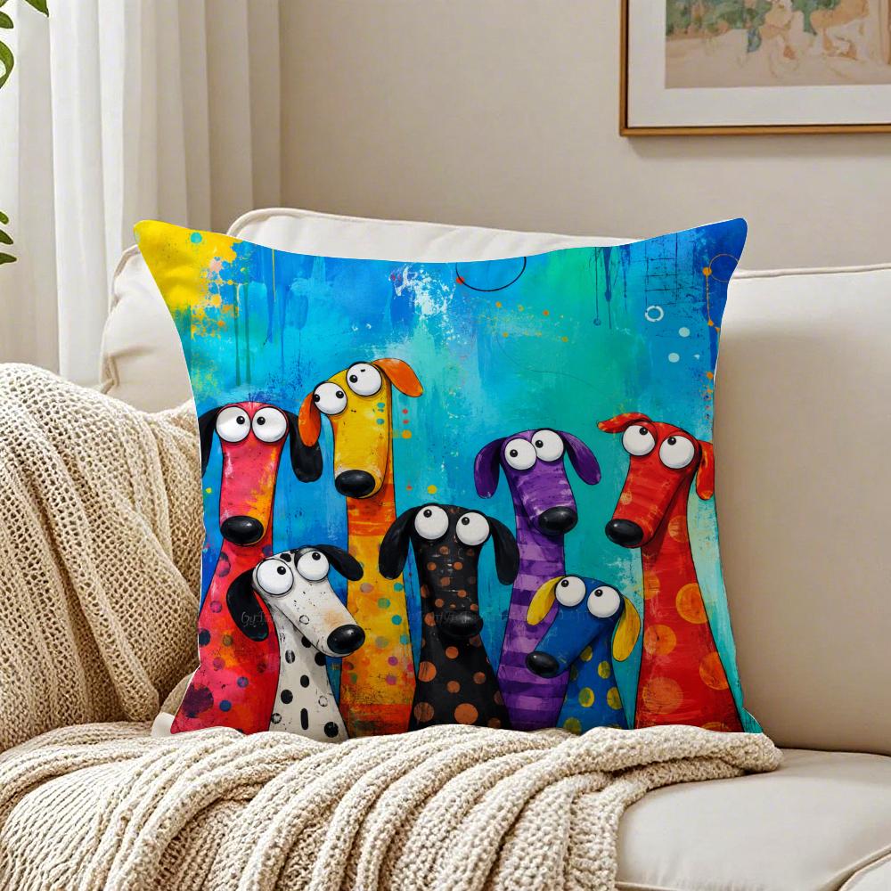 Funny Colorful Whimsical Dog Pillow Case Double-Sided Plush Sofa Cushion Covers Organic Breathable Invisible Zipper