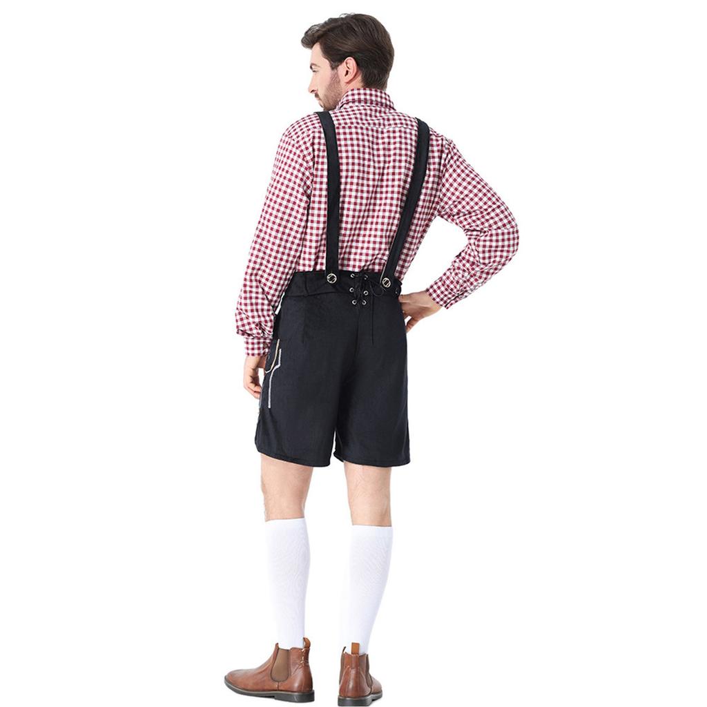 Pánský bavorský kostým na Oktoberfest - Set s kostkovanou košilí s dlouhým rukávem a kalhotami s kšandami