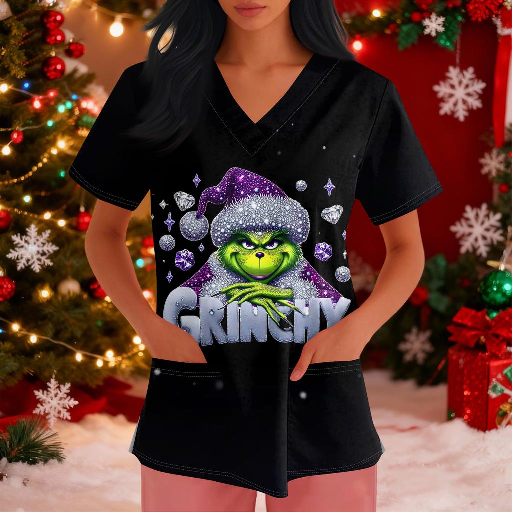 Women's Loose Short Sleeved Fashionable Tooth Pattern Printing V-neck Buttonable Side Slit Top T-shirt