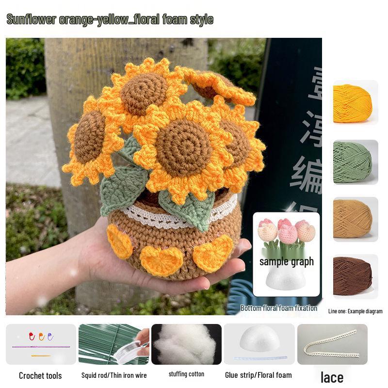 Crochet Tulip & Daisy Potted Bouquet Kit - Yarn Flowers & Ornaments