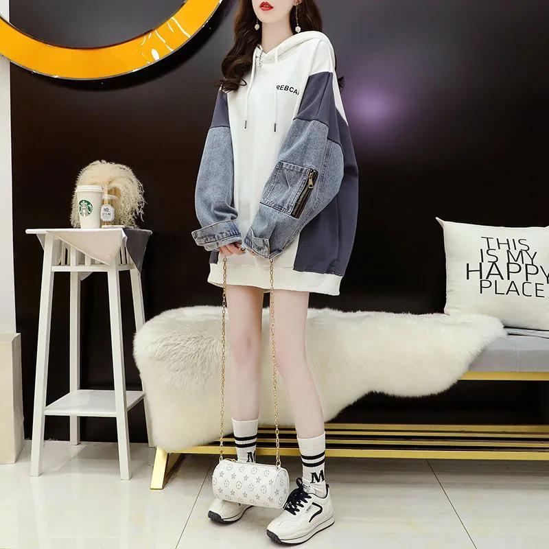 Denim Patchwork Hooded Sweatshirt, Fake Two-Piece, Mid-Length Loose Fit, 2025 Korean Style, Plus Size Pullover Hoodie