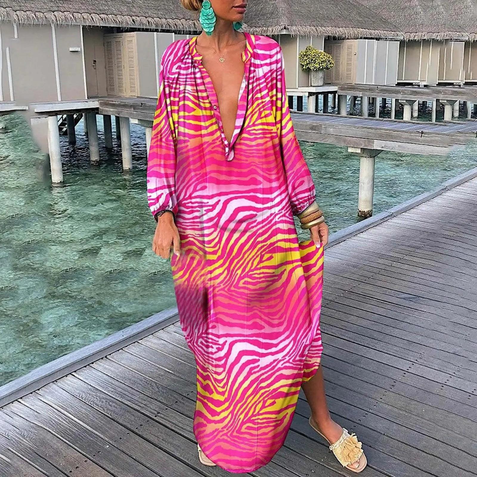 Women s Fashion Print V-Neck Loose Long Sleeve Dress L горячий розовый