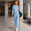 Weite Hosen Damen Sweatshirt Hosen 2-teiliges Set, V-Ausschnitt Langarm Oberteil & Entspannte Passform Set mit Elastischem Bund, Uni Farbe Passende Lounge Sets