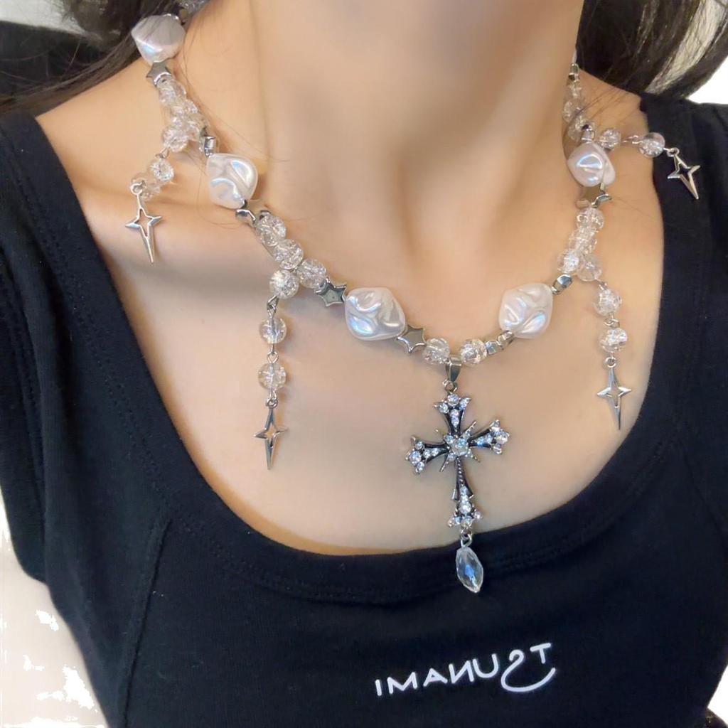 Y2K Gothic Style Black Beaded Cross Necklace & Cool Girl Sweatshirt Accessory