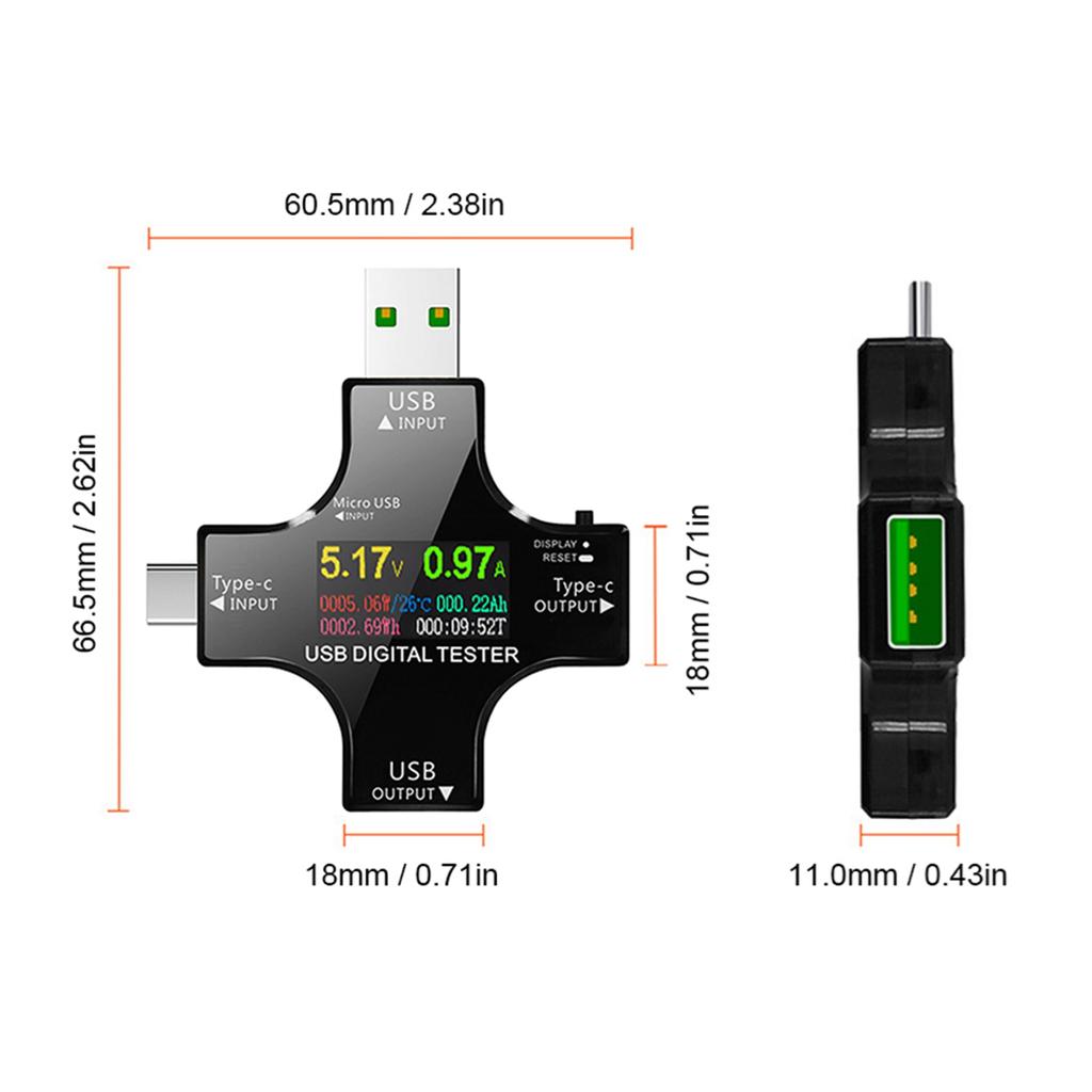 2 In 1 Type C USB Tester with IPS LCD Color Screen USB Voltmeter Ammeter Current Voltage Tester Mini Digital Multimeter with OTG