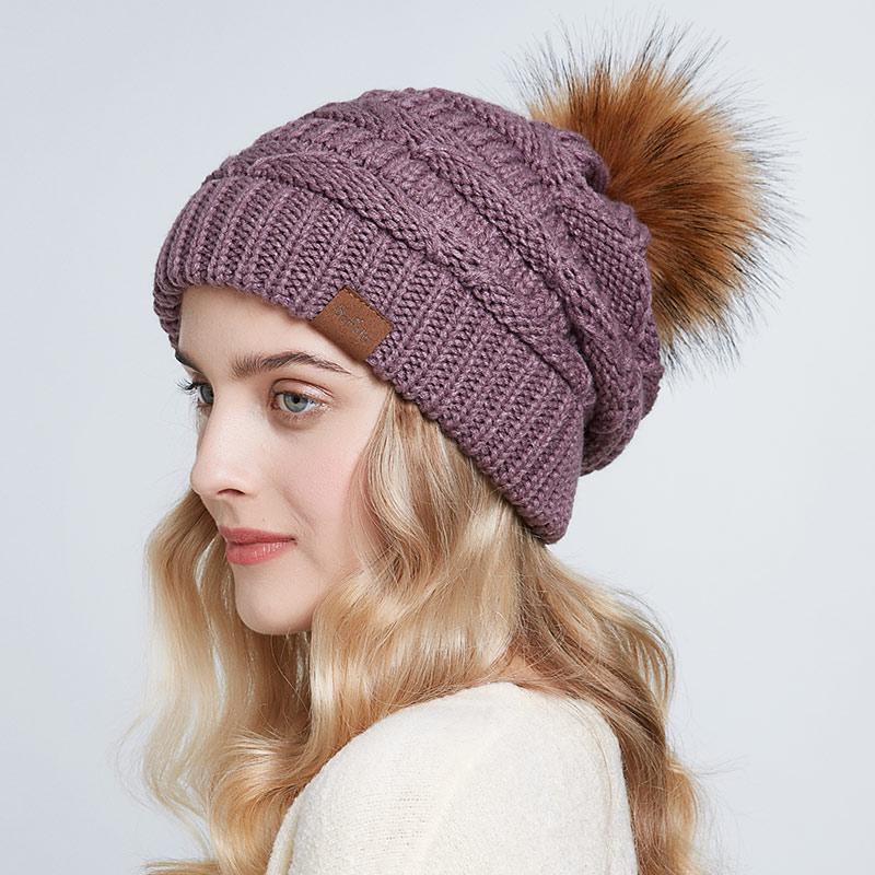 SOMALER Bonnets amples en tricot pour femmes, chapeau chaud, Baggy, casquette de Ski, fausse fourrure, pompon, chapeaux pour dames, hiver