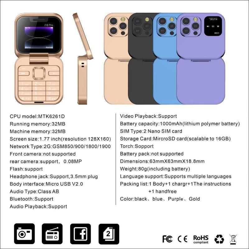 Mobile Phone I16 Pro Dual Card Dual Standby Non-smart Phone Flip Phone Bluetooth Folding Small Phone