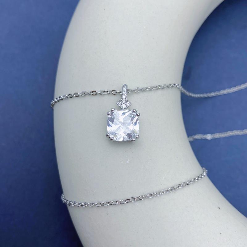S925 Sterling Silver Square Cubic Zirconia Necklace: Korean Style, Light Luxury, Versatile Women's Fashion