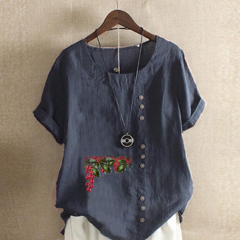 Women's Fashion Chinese Hawthorn Prined Round Neck Short Sleeve T-shirt Casual Cotton Linen Graphic Shirt Leisure Loose Summer Blouse Tops
